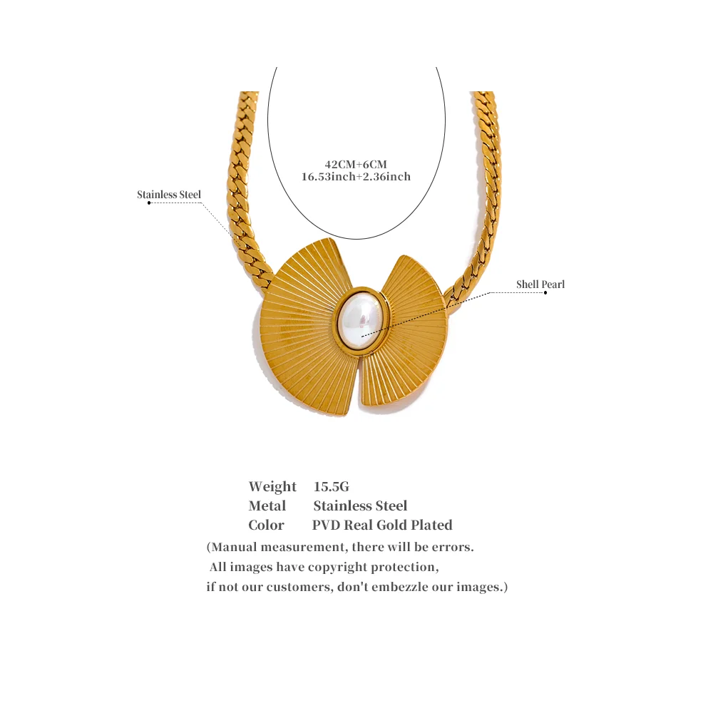 Yhpup 316l Stainless Steel Imitation Pearl Fan Pendant Collar Necklace 18K PVD Plated Fashion Statement Jewelry Women Gift