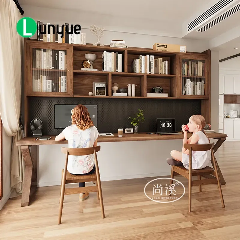 Solid wood desk, hole board, bookcase, integrated computer desk against the wall, double home study, student study table,