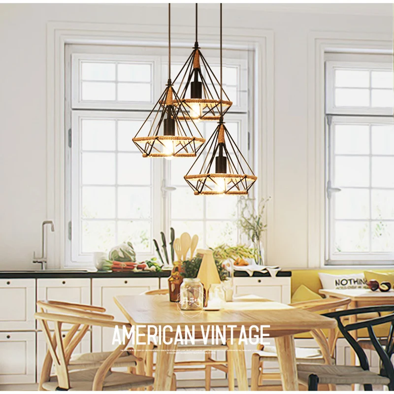 Retro Industrial Chandelier Russian Attic Cage Diamond-shaped Hemp Rope Dining Room Living Kitchen Bedroom Black Rope Lamp