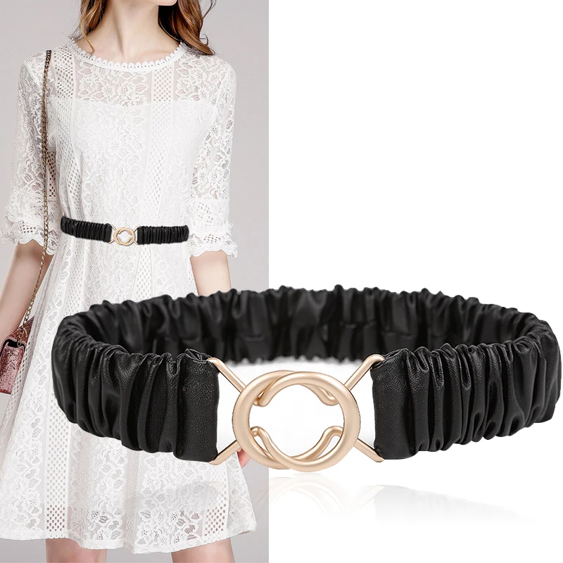 เข็มขัดหนัง PU ดีไซน์เรียบหรู สีดำ ยืดหยุ่นได้ สำหรับเสื้อโค้ท ชุดเดรส งานปาร์ตี้ ผู้หญิง ใช้ตกแต่ง