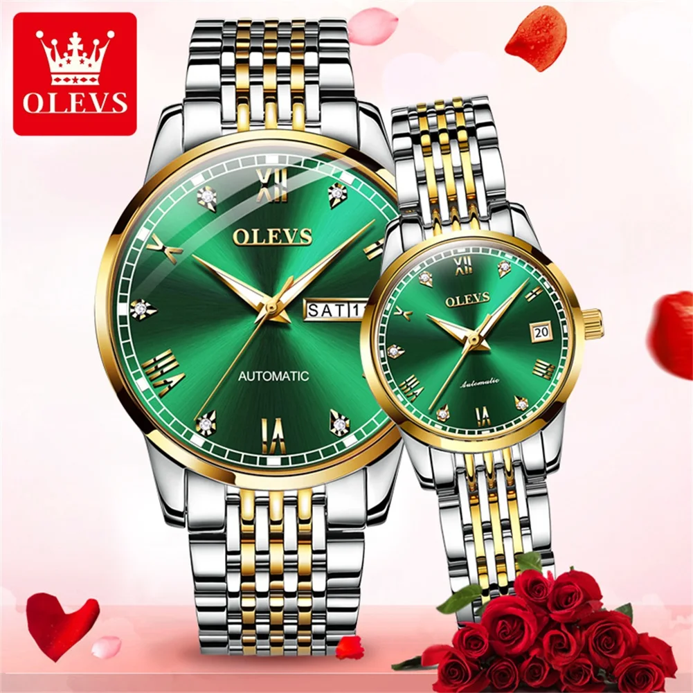 OLEVS Couple Pair Watches Set Automatic Mechanical Self Winding Dress Matching Watch for His and Hers Valentines Day Gifts