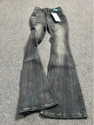 Summer High Waist Slim Black Grey Jeans American Style Vintage Long Pants Oversized Washed Denim Flare Pants Women Spring