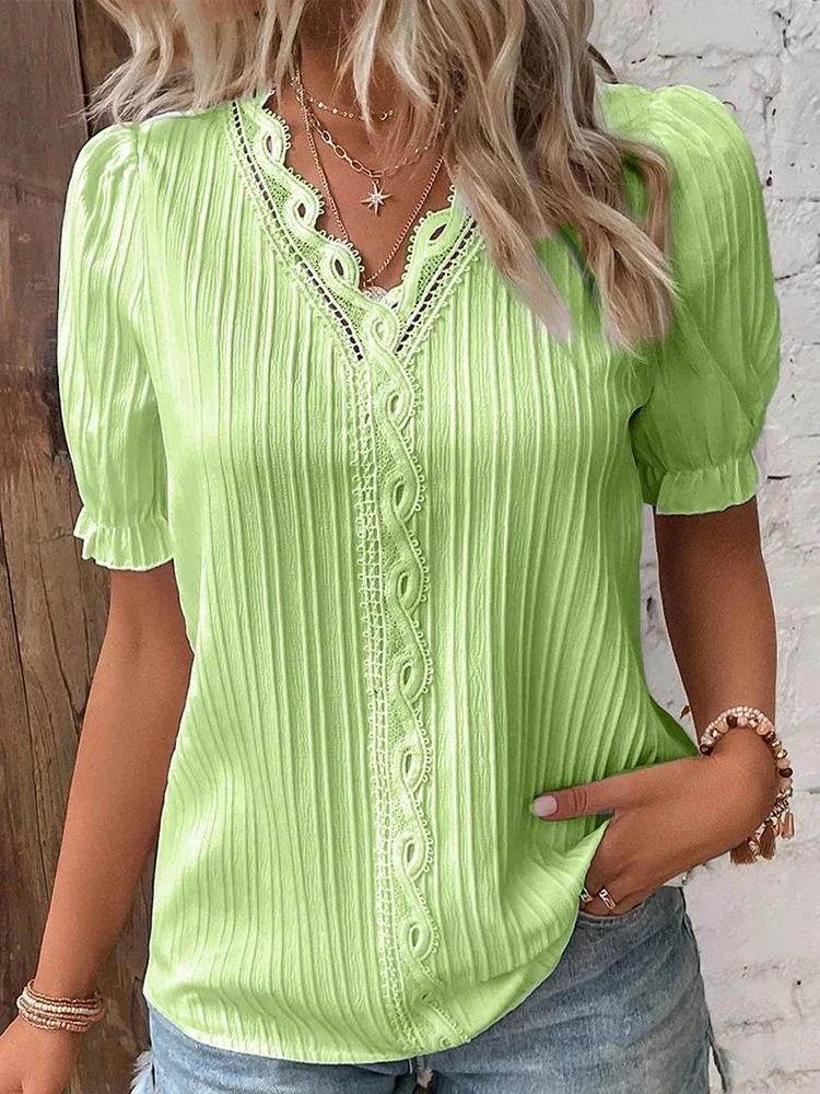 2024 Summer New Women\'s Blouse Top Solid Sexy V-Neck Hollow Short Sleeve Fashion Splice Plus Size Loose Street Apparel Shirt