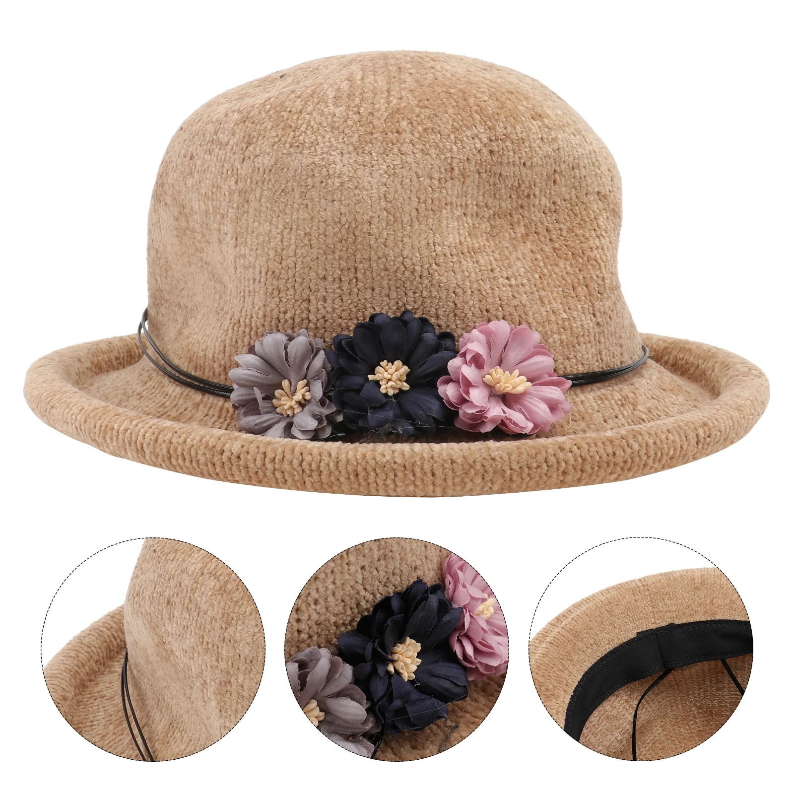 

Curled Brim Knitted Hat Solid Flower Bowler for Middle-Aged and Elderly Women Brown Lightweight Woolen Yarn Woven