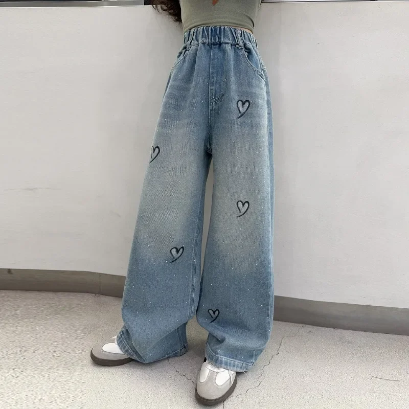Children Girls Jeans UNITIM Autumn Young Teens Girls Denim Pants Vintage Love Print Junior Girls Wide Leg Pant Girls Dog Trouser