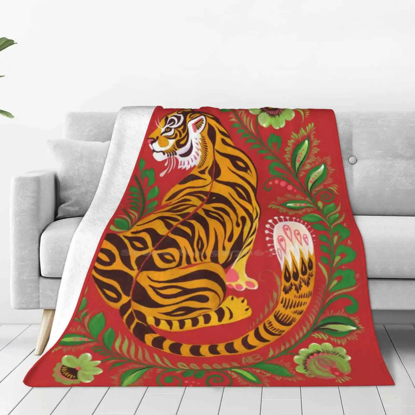 Tiger Folk Art Low Price New Print Novelty Fashion Soft Warm Blanket Tiger Red Folkart Exotic Cat Decorative Wildlife