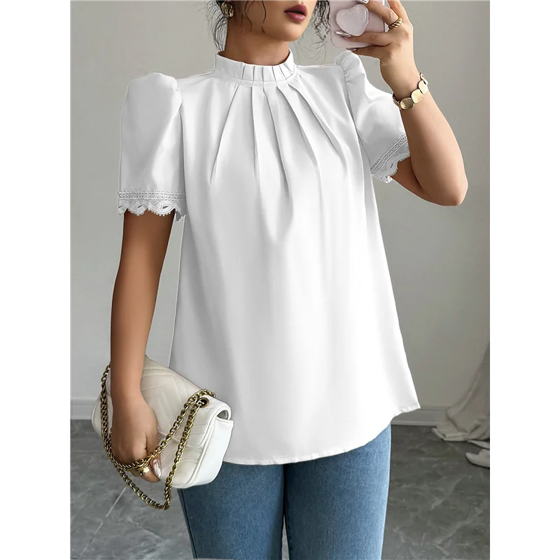 

AOAO-Women's Summer Boho Shirt Short Sleeve Frill Trim Mock Neck Floral Solid 2025 Casual Blouses Shirts Tops