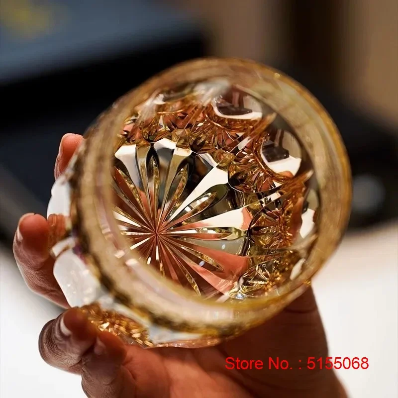 Hand Cut Warrior Armor Amber Edo Kiriko Crystal Wine Cup Luxury Goods Whiskey Brandy Glass Artwork Liquor Snifter Water Beer Mug