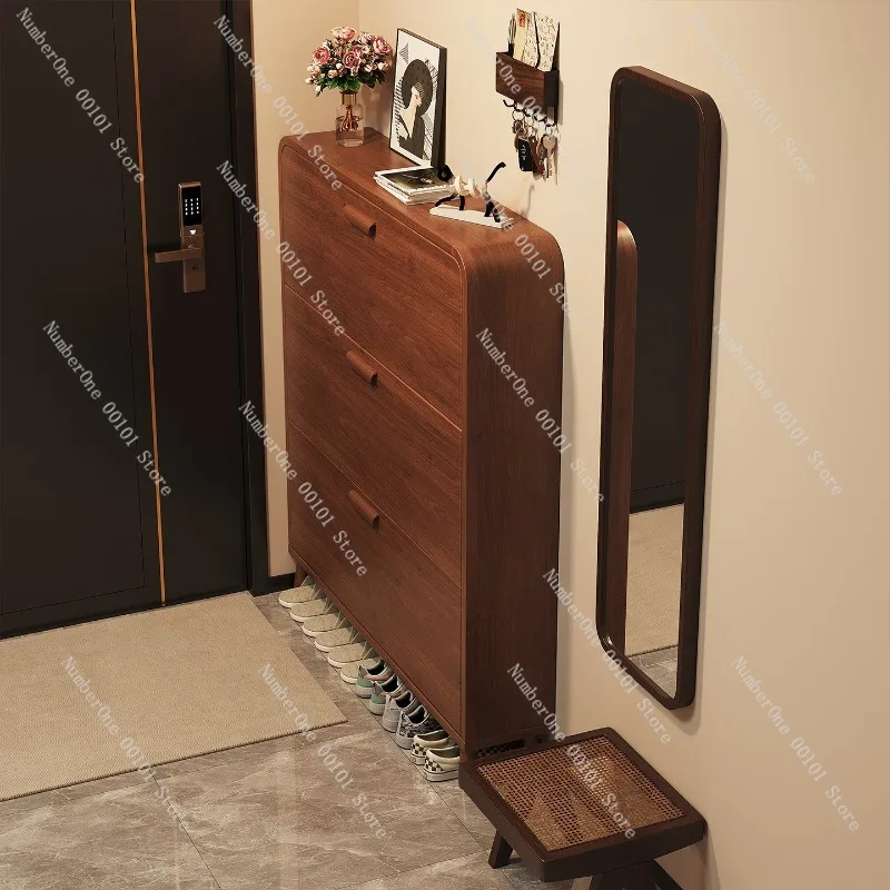 Minimalist Mid Century Shoe Cabinet Ultra Thin Entryway Storage Organizer Narrow Hallway Flip Drawer Double Layer Large Capacity