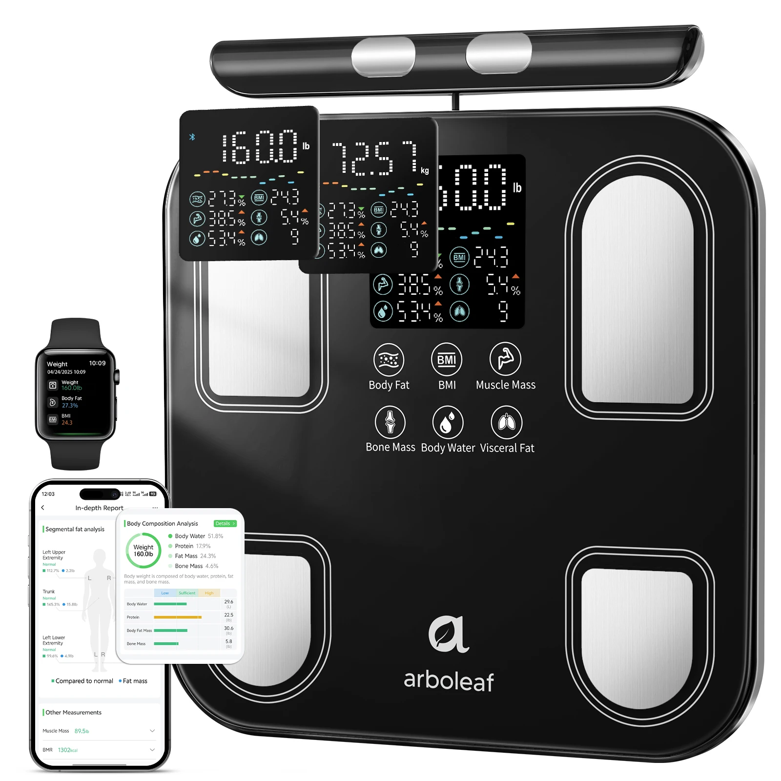 Arboleaf 8-Electrode Smart Body Fat Scale with Retractable Handle, Dual-Frequency BIA, 400LB Digital Weight Scale, BMI Muscle Mass, 50 Body Metrics App