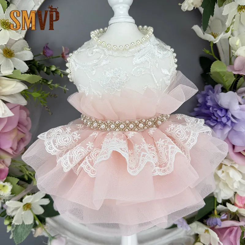 

Original Design Pink Bubble Thin Gauze Pearl Decoration Puffy Dress Elegant Princess Style Small Dog Cat Dress