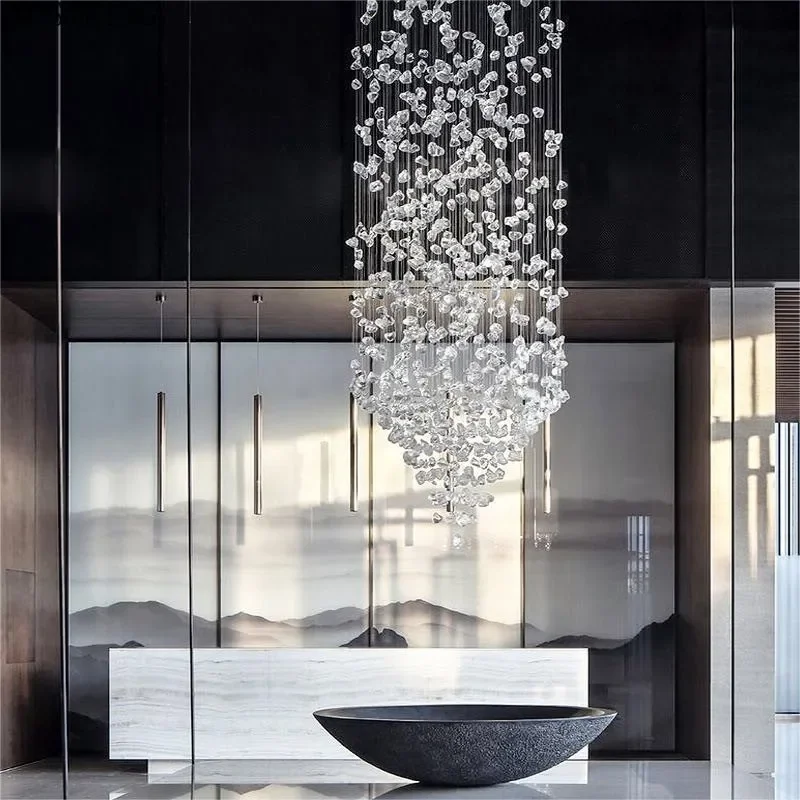 Modern Stone Crystal LED Chandelier Large Luxury Staircase Lighting Fixtures Long Hallway Lobby Indoor Home Hanging Cristal Lamp
