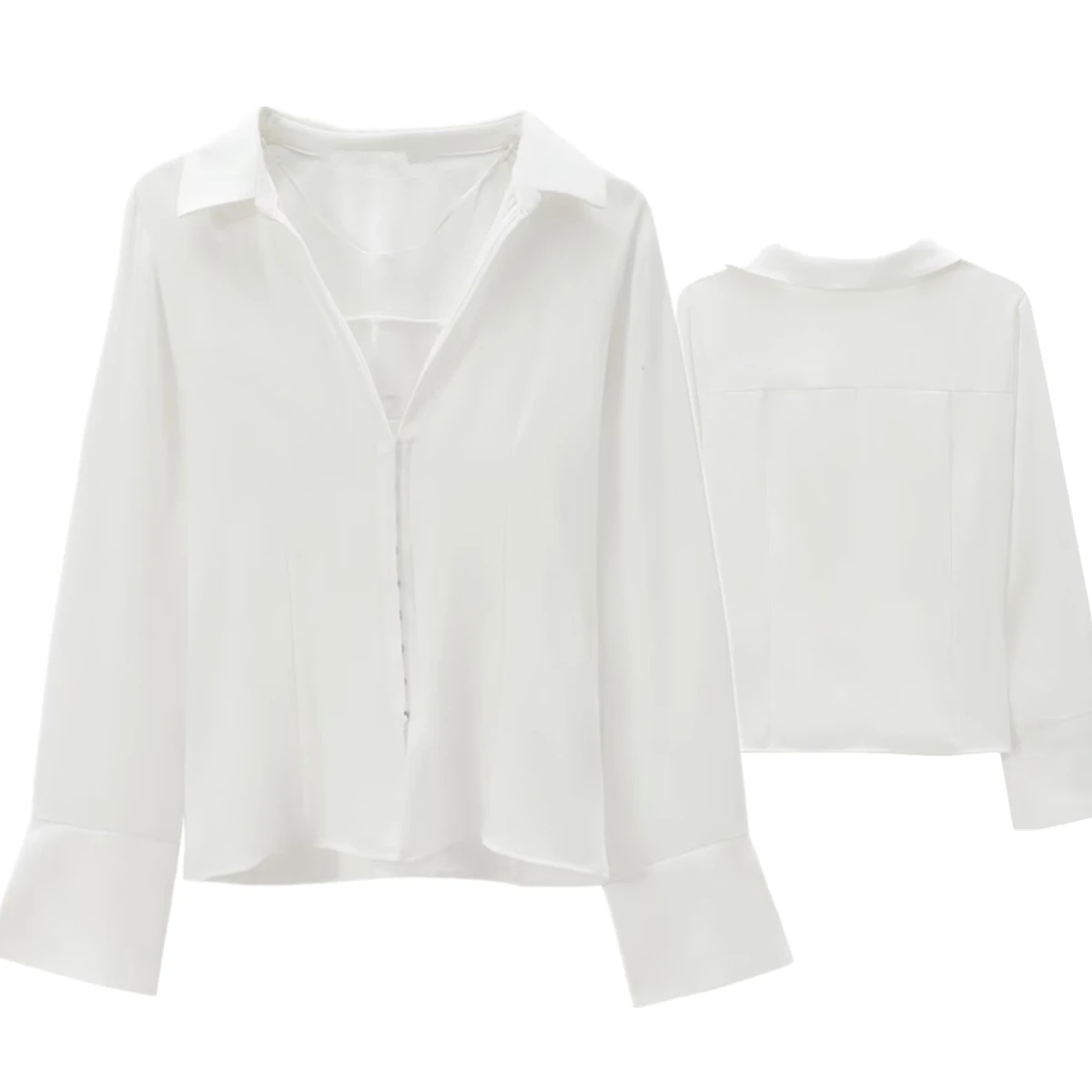 Jenny & dave minimalista com decote em v branco fino ajuste camisa feminina topos outono manga longa blusa casual senhoras