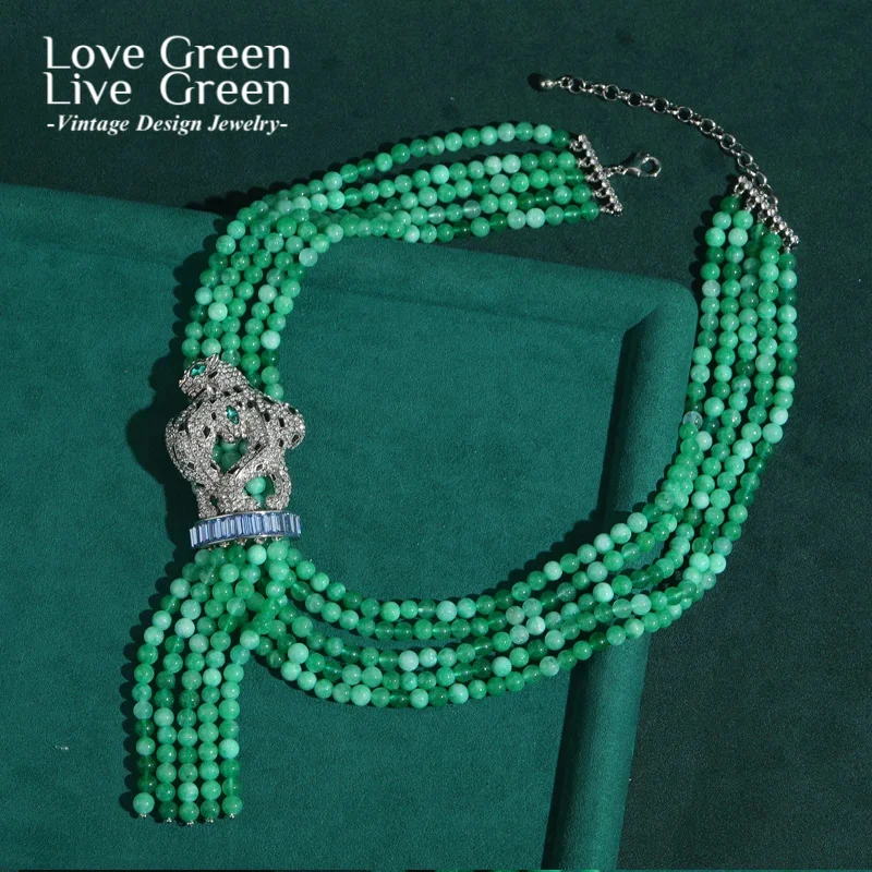 

Statement Green Beads Necklace Woman African Natural Stone Crystal Leopard Head Glass Chunky Layered Vintage Antique Jewelry