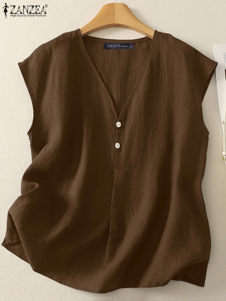 ZANZEA Women Vintage Tank Tops Summer Camis Sexy Sleeveless Solid Color Tees 2025 Fashion V-Neck Casual Loose Blusas Feminina
