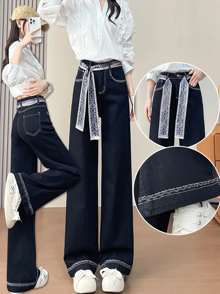Lace lace-up design wide leg jeans women in autumn winter 2025 new embroidered fashion elastic loose straight leg pants