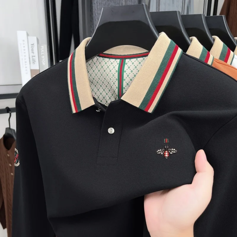 

Роскошная брендовая рубашка-поло с длинными рукавами мужская осенняя новая модная одежда повседневная футболка с вышитыми пчелами в европейском стиле с цветными лацканами