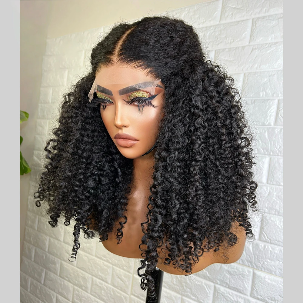 

26Inch Natural Black Soft Long 180Density Kinky Curly Deep Lace Front Wig For Women Babyhair Glueless Synthetic Preplucked Daily