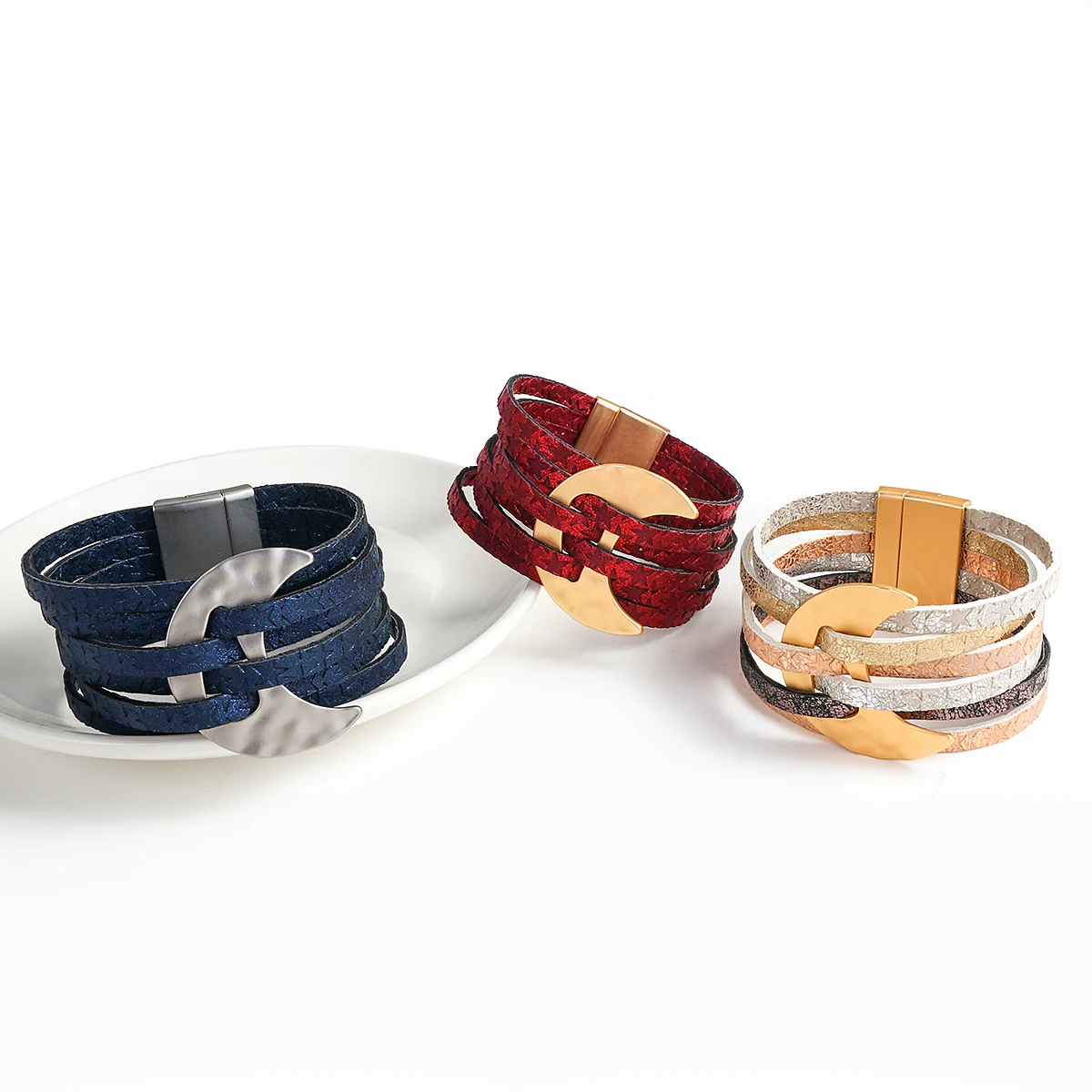ALLYES Bohemian Moon Charm Leather Bracelets for Women Men Fashion 6 Row Stars Printed Wrap Bracelet Bangle Female Jewelry