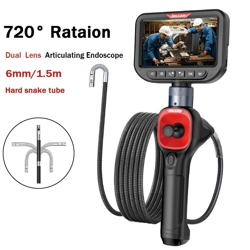 

5inch Articulating 720° Endoscope 6mm Inspection Camera Cameras with 6 LED, IP67 Waterproof 1.5M Dual Lens for Car Inspections