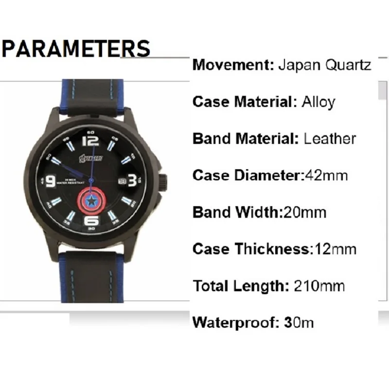 마블 어벤져스 캡틴 아메리카 만화 쿼츠 손목시계, 방수 달력, 소년 학생 시계