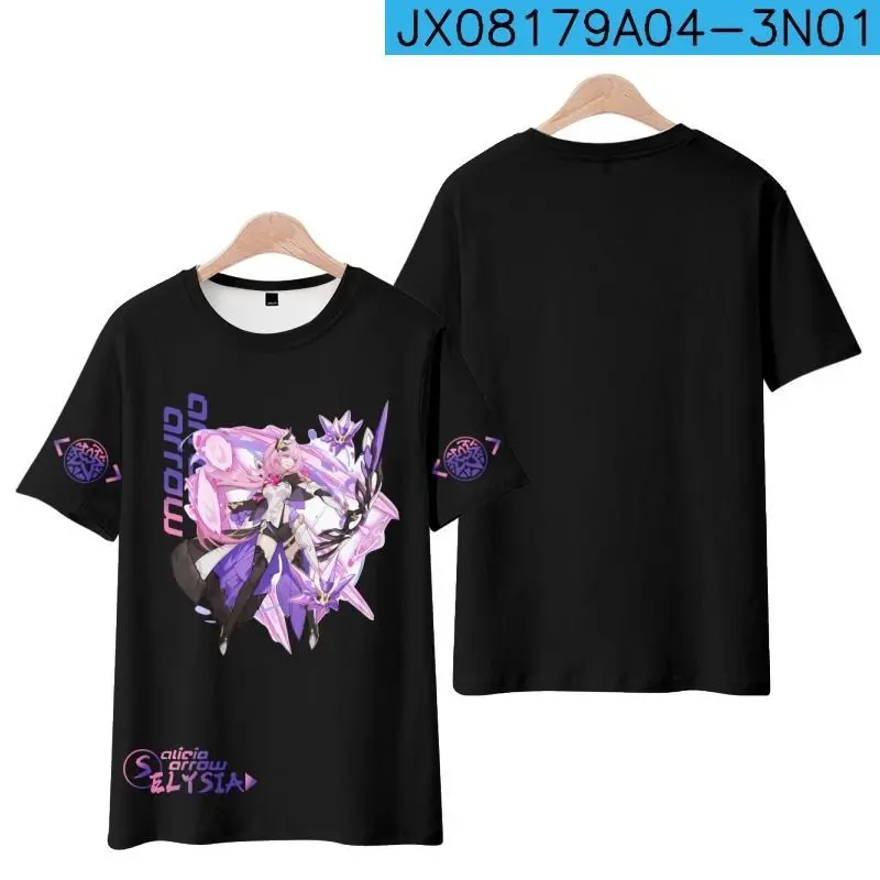 Camiseta con estampado 3D de Honkai Impact para hombre y mujer, camisa divertida de manga corta con cuello redondo, moda de verano, Elysia