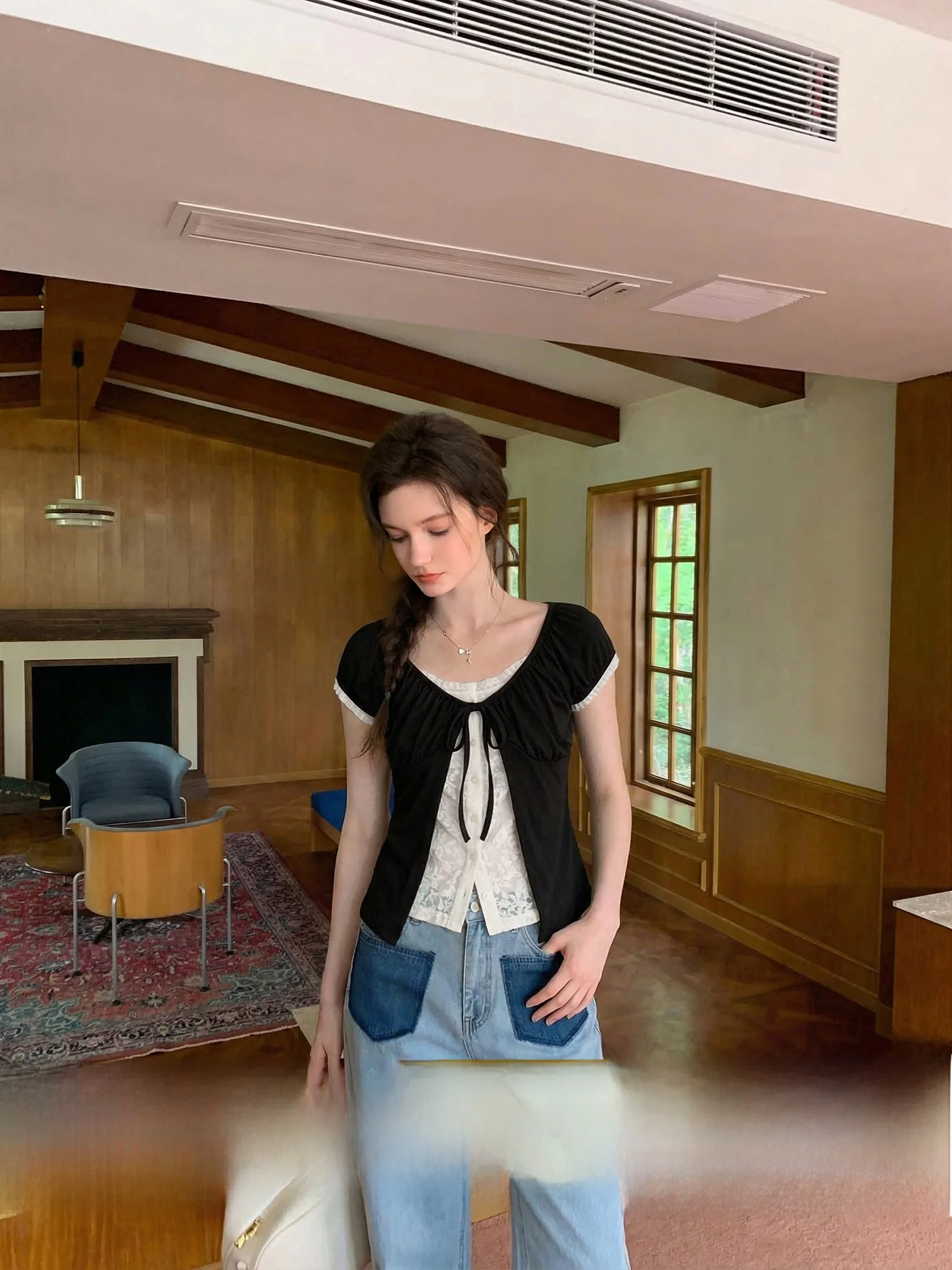 

Creamsu Korean Style Lace Waist-Cinching Shirt T-Shirt Women's Summer Slimming Commute Top Fake Two-Piece Design Sensation