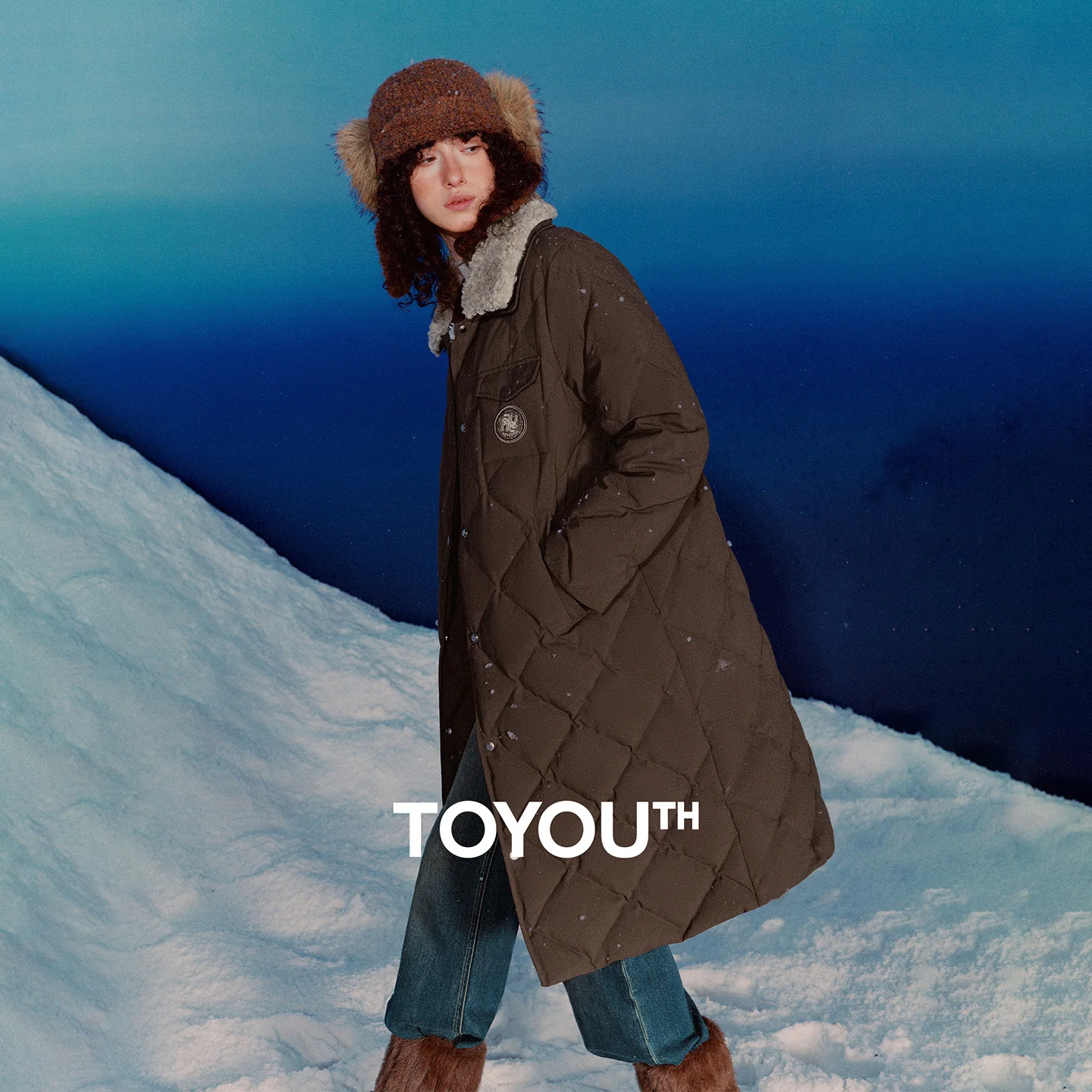 TOYOUTH Womens Down Coat 2026 Winter New Fur Collar Single Breasted Button Medium Thick Long Coat