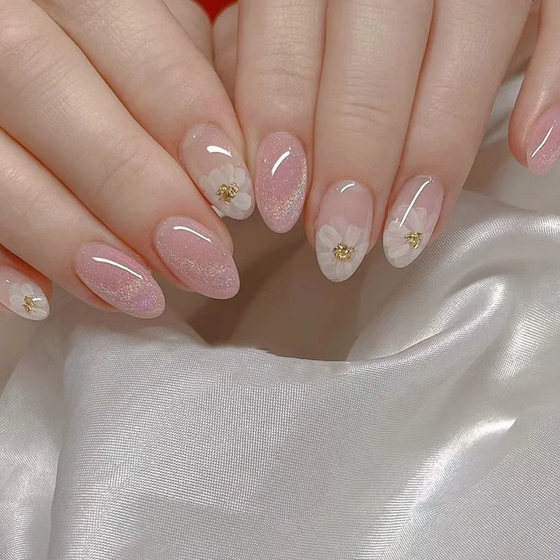

24pcs Press on Nails Barbie Pink Flower Cat's Eye Full Coverage Nail Tips for Women&Girl Short Oval Removable Wearable Nail