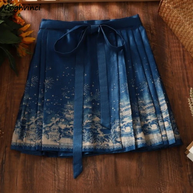 Mini Skirts Women Blue Lace-up Design Simple All-match Streetwear Chinese Style Female Clothing Summer Soft New Trendy Leisure