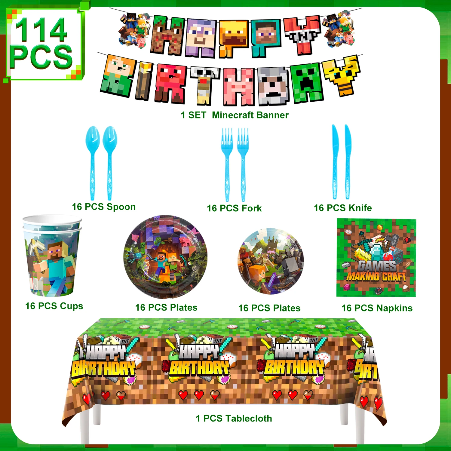114 قطعة لعبة بكسل زينة حفلة عيد ميلاد أدوات المائدة-بكسل نمط ألعاب راية لوحات المناديل الخ مينر موضوع لوازم الحفلات #6