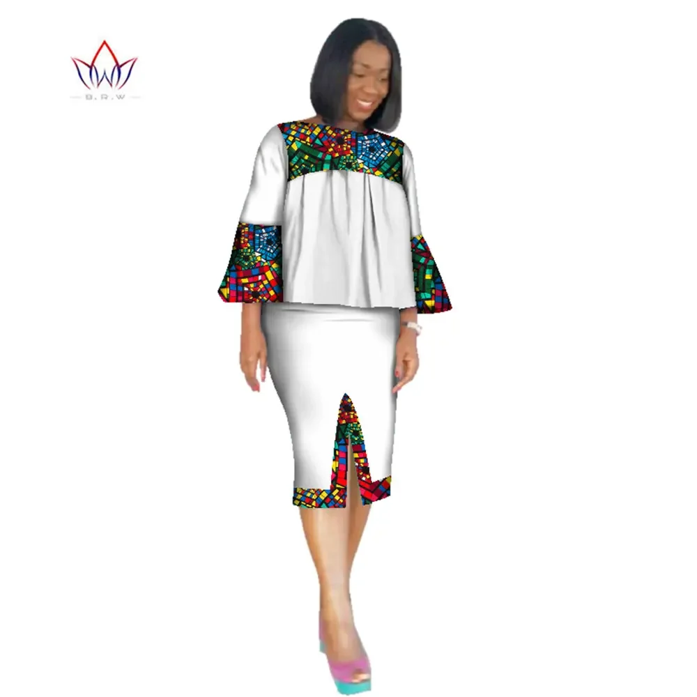 

African Clothing Women Ankara Two Pieces Set Long Sleeve Crops Tops & Skirt Set Women Bazin Riche African Clothing 6XL WY2571