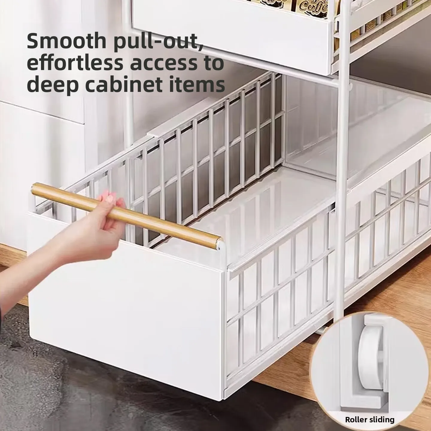Pull Out Cabinet Organizer 2 Tier Kitchen Spice Rack with Sliding Baskets Raised Guardrails Non Slip Feet No Assembly Needed