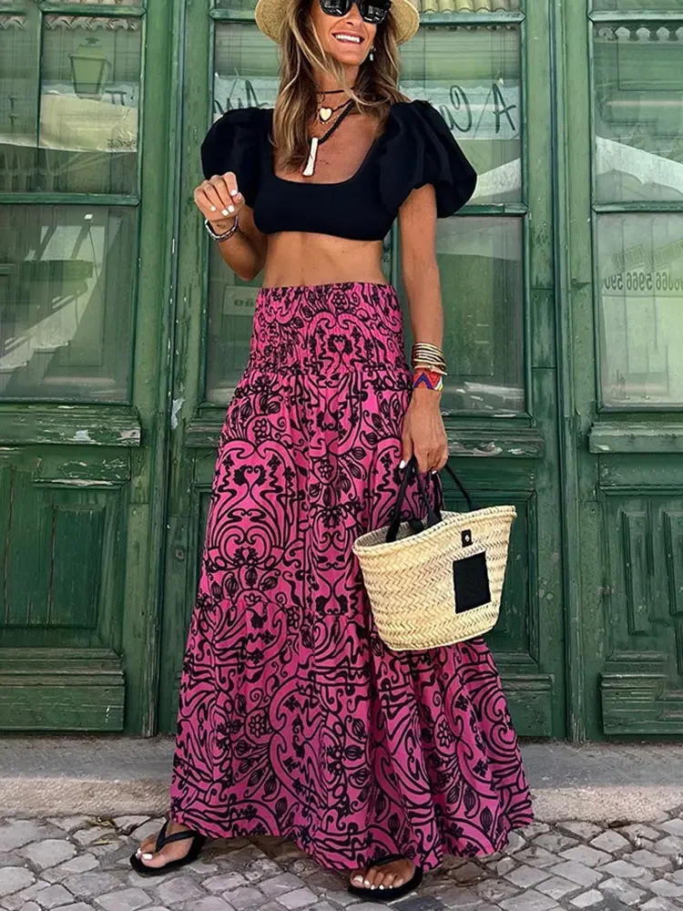 WildPinky Fashion Floral Print Skirts Women Summer Vintage Elegant High Elastic Waist Long Skirt Boho Casual Female A-line Skirt