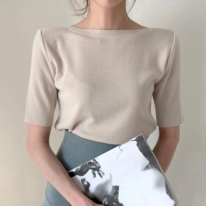 

Ele Ice Silk Slim Fit Трикотажный топ с юбкой-миди с высокой талией Комплект из двух предметов Корейский Sle ort Sve круглый Ne Базовый цвет
