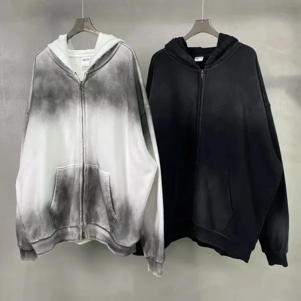 

2025 New Retro Washed Distressed Hooded Zipper Sweatshirt Loose Trendy Snowflake Pattern Women Hoodie