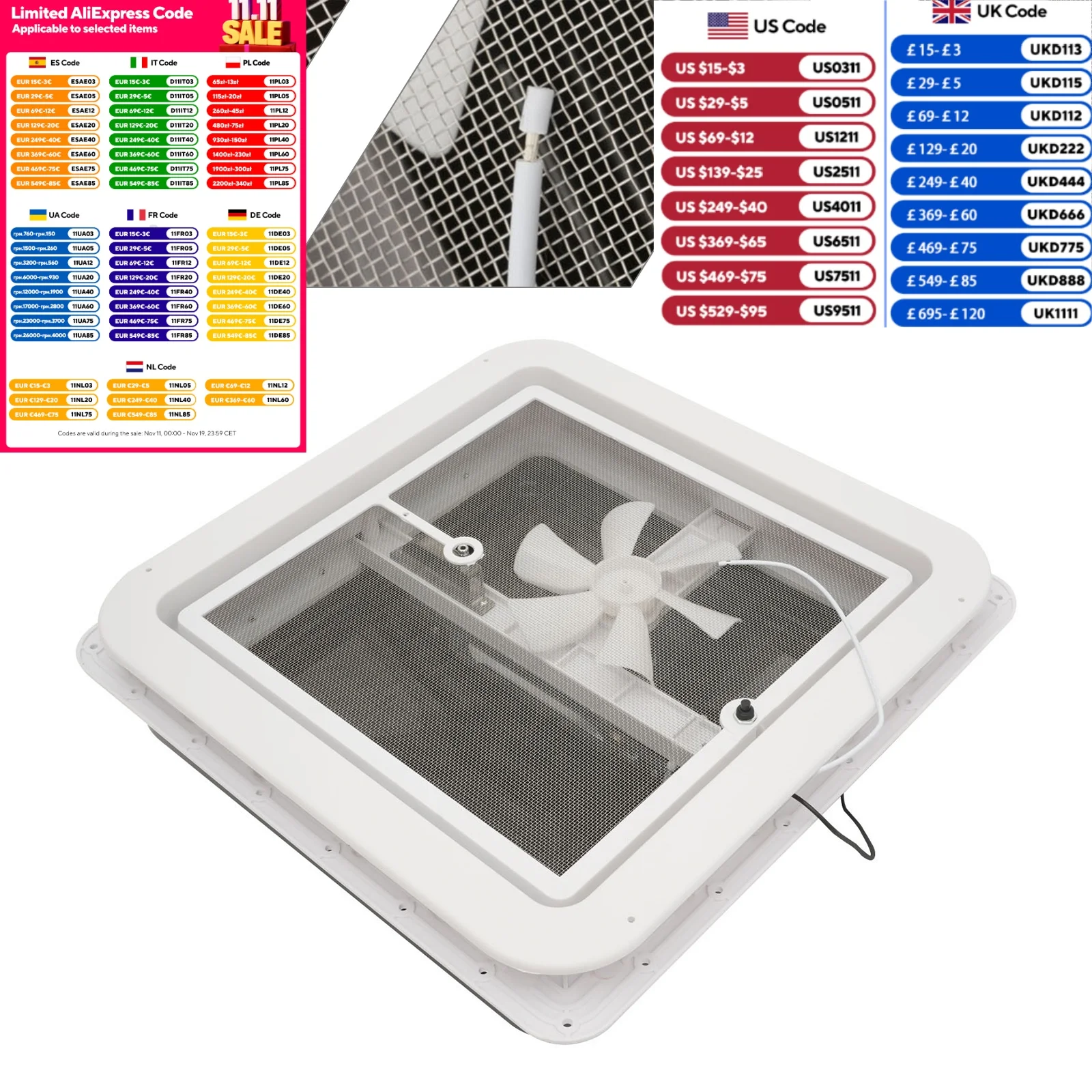 RV 14" x 14" DC12V RV-Dachventilator für Wohnwagen für Wohnwagen, Wohnmobil, Badezimmer, einfache Belüftung, Abluftventilator, weißer Deckel