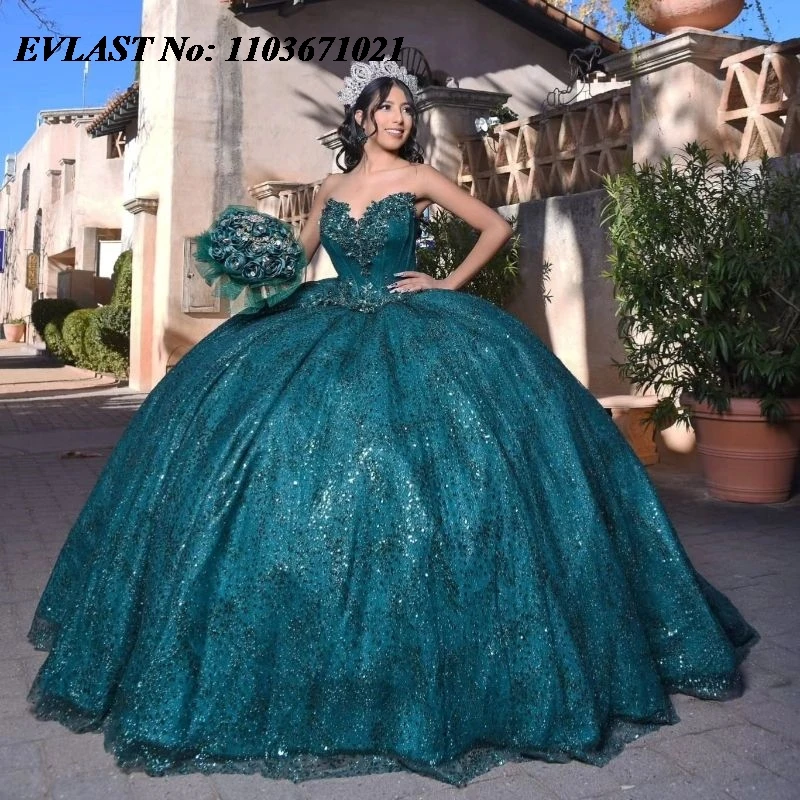 

EVLAST Мексиканское изумрудно-зеленое платье Quinceanera, бальное платье 2024, блестящая аппликация, корсет с бисером, Sweet 16, Vestidos De XV 15 Anos SQ74