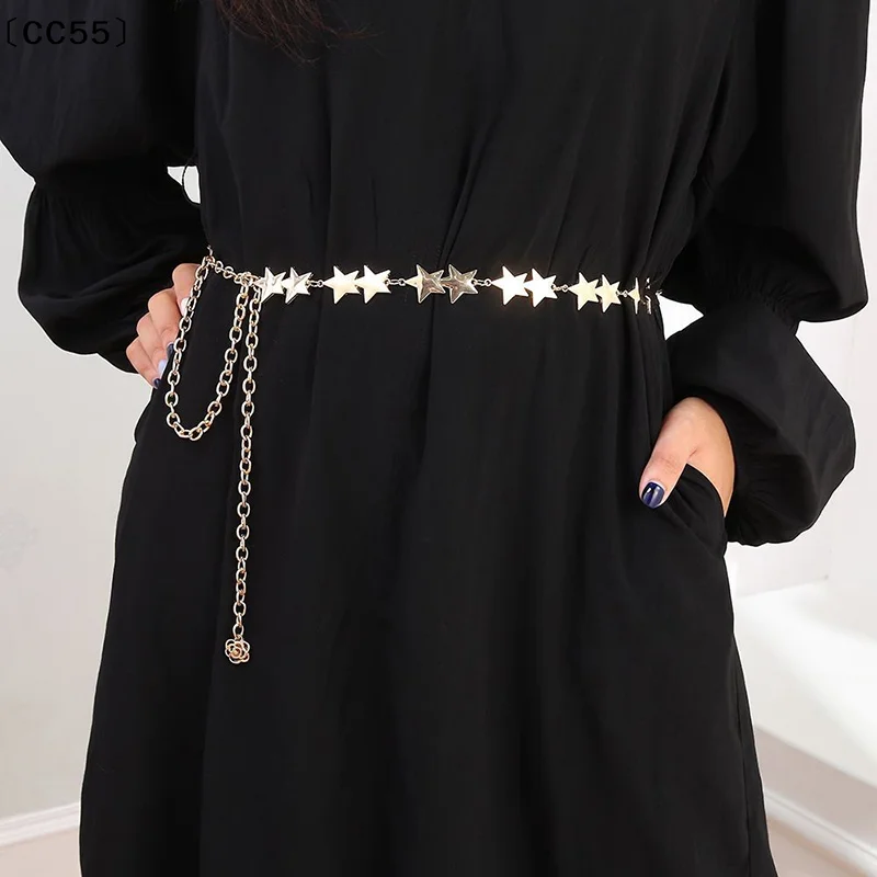 Vintage Women Waist Belt Female Metal Star Pentagram Chain Belt Tassel Waist Chain Belt Women Decorative Body Jewelry〔CC55〕