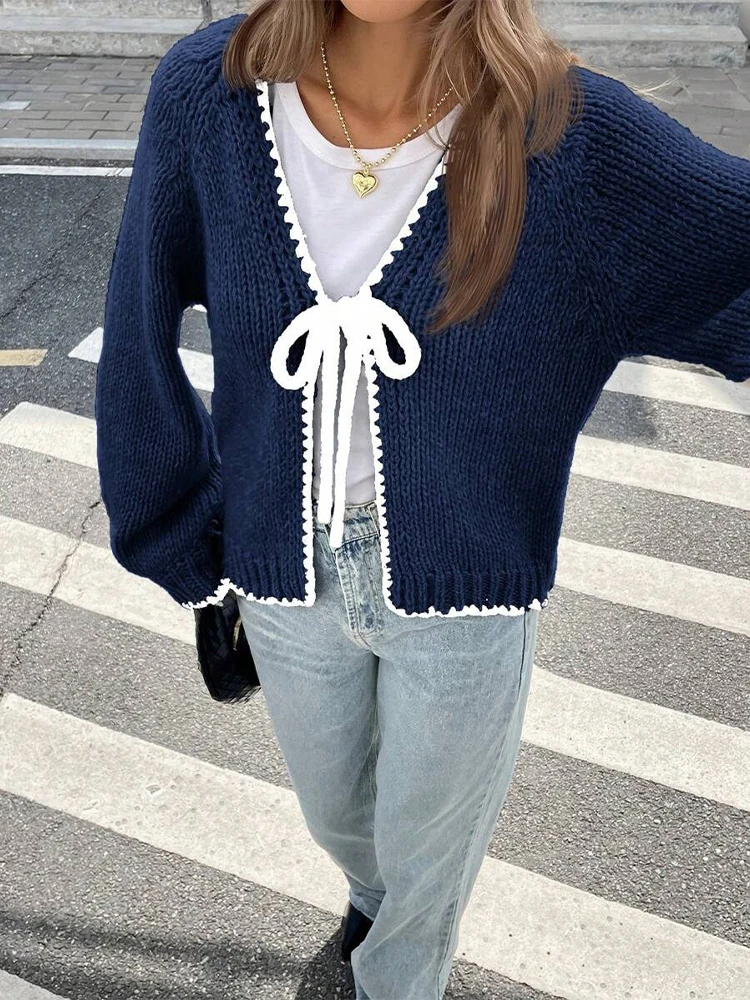 Maglioni cardigan con lacci eleganti con fiocco Maglione allentato con scollo a V a maniche lunghe casual da donna 2025 Autunno Office Lady Commute Outwear
