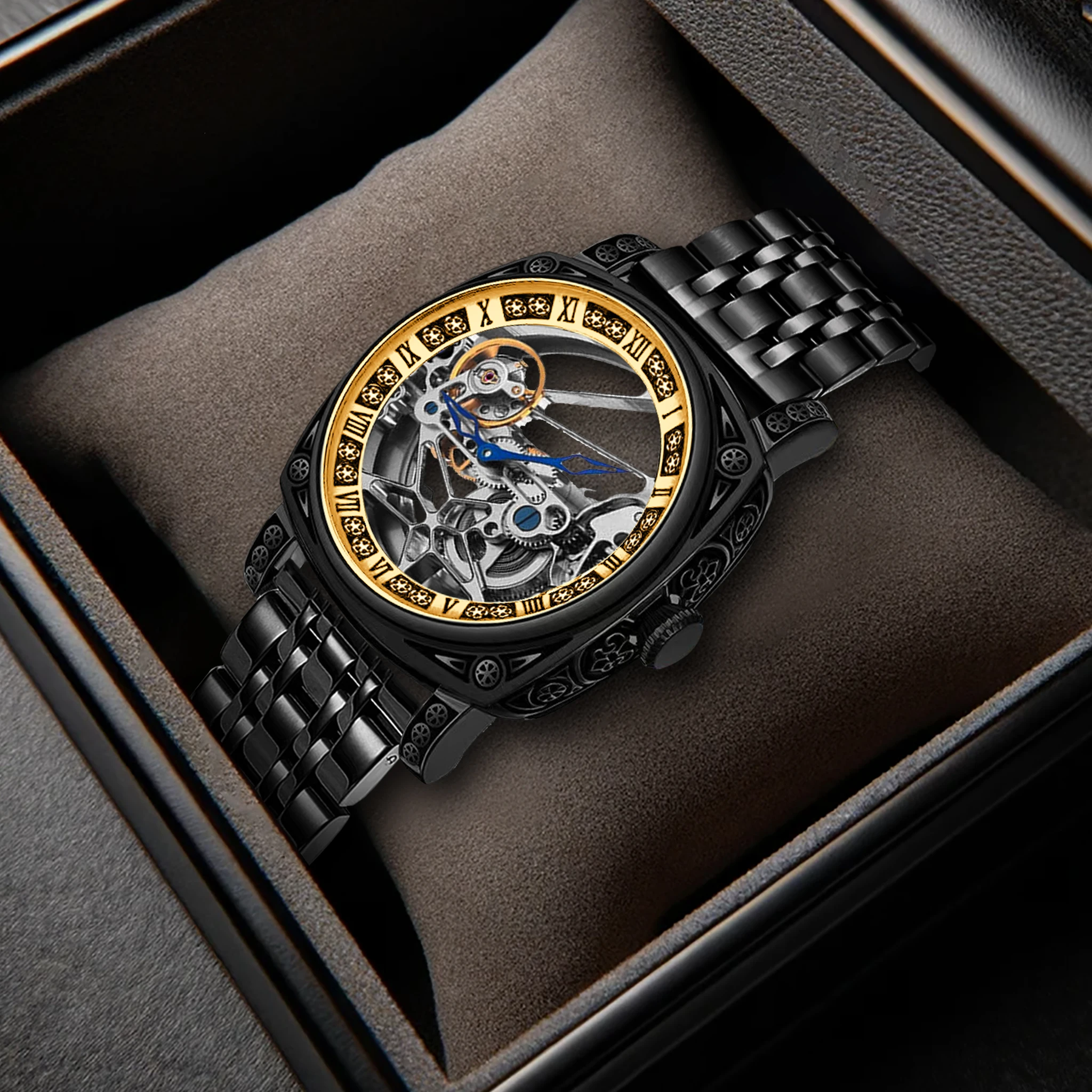 

New men's gold black steel strip retro style classical hollow flywheel fully automatic precision carved mechanical watch