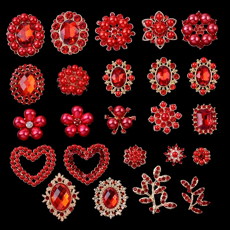 5 Pcs Red Flower Plate Dripping Oil Round Pearl Jewelry Alloy Pendant DIY Necklace Accessories Earring Bracelet Handmade Button