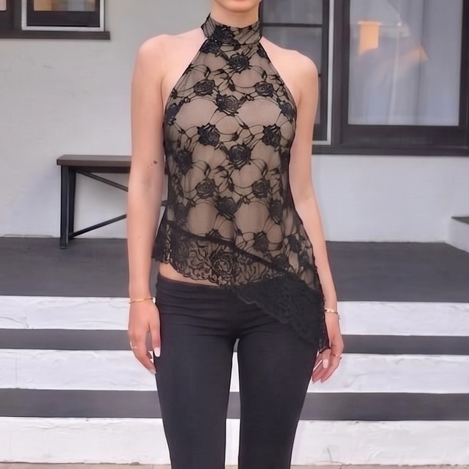 Floral Lace-up Halter Tank Tops Summer Sleeveless Mockneck Asymmetric Lace Overlay Hem Party Night Out Backless Vest