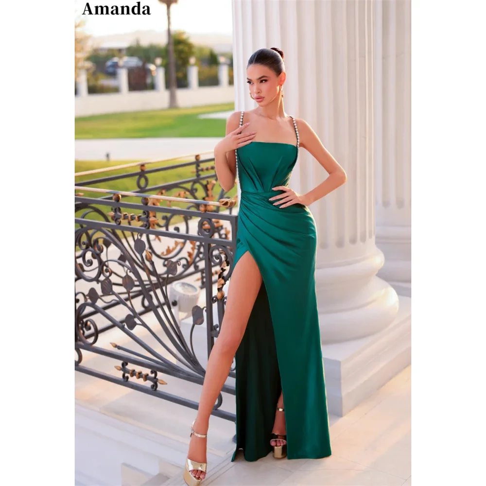 

Amanda Green Satin Mermaid Party Dress Beading Spaghetti Strap Evening Dresses Sleeveless Side High Split vestidos de fiesta