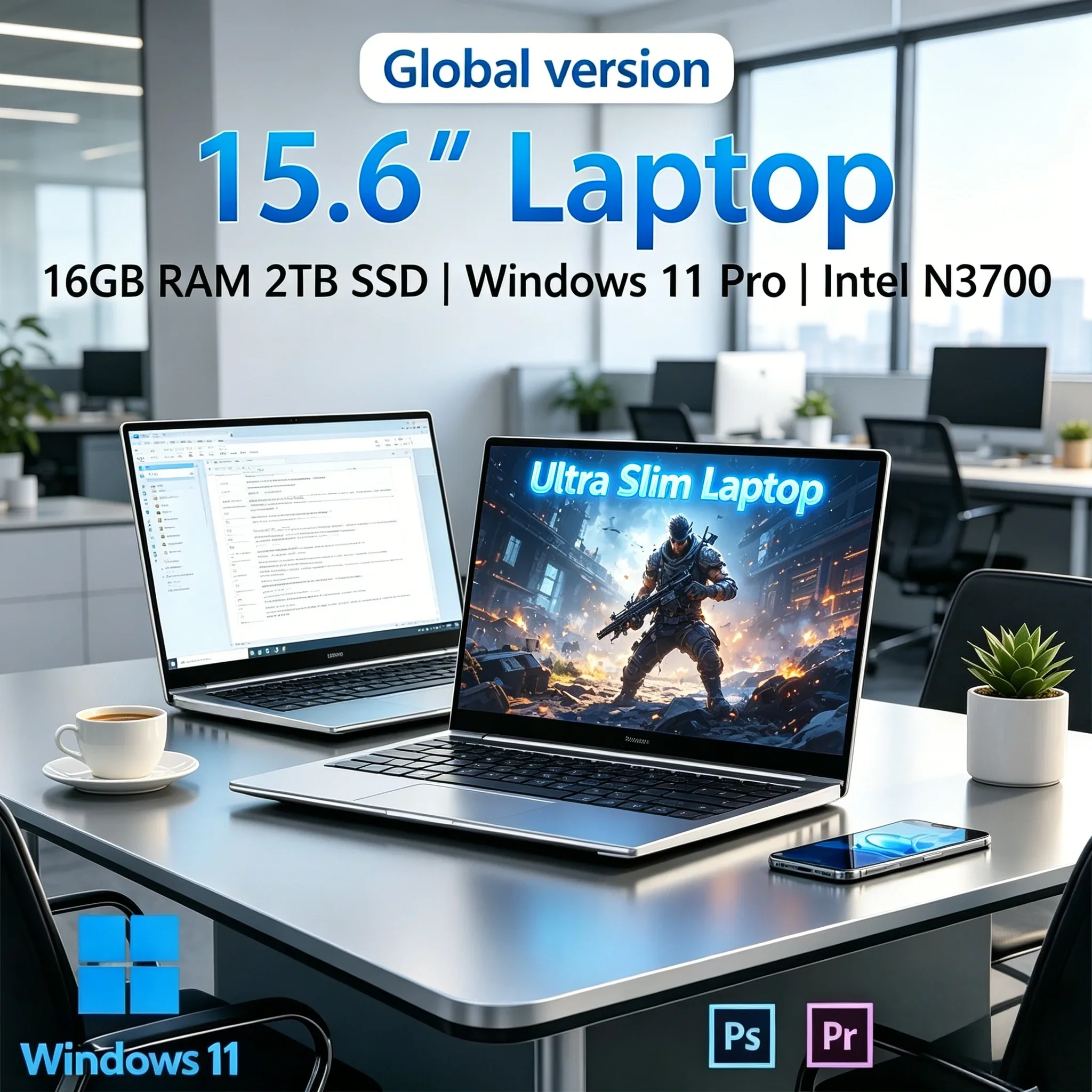 

Ultra Thin 15.6'' Notebook PC Intel N3700 16GB Large Memory 2TB SSD Win11 Pro Home Business Study Computer