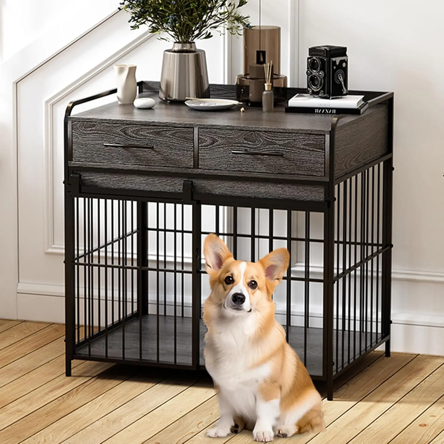 

Furniture Style Dog Crate with 2 Drawers, Dog Kennel Medium, Heavy Duty Dog Crates, Cage for Small and Medium