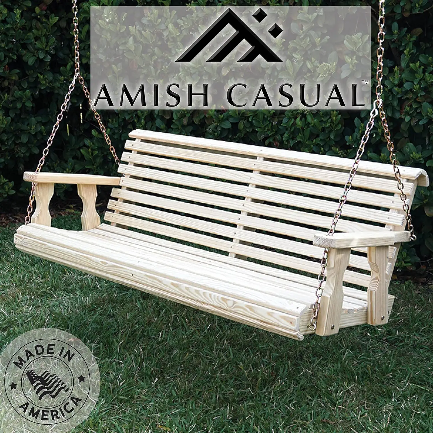 Amish Casual Heavy Duty 700 Lb Roll Back Treated Porch Swing with Hanging Chains (5 Foot, Unfinished)