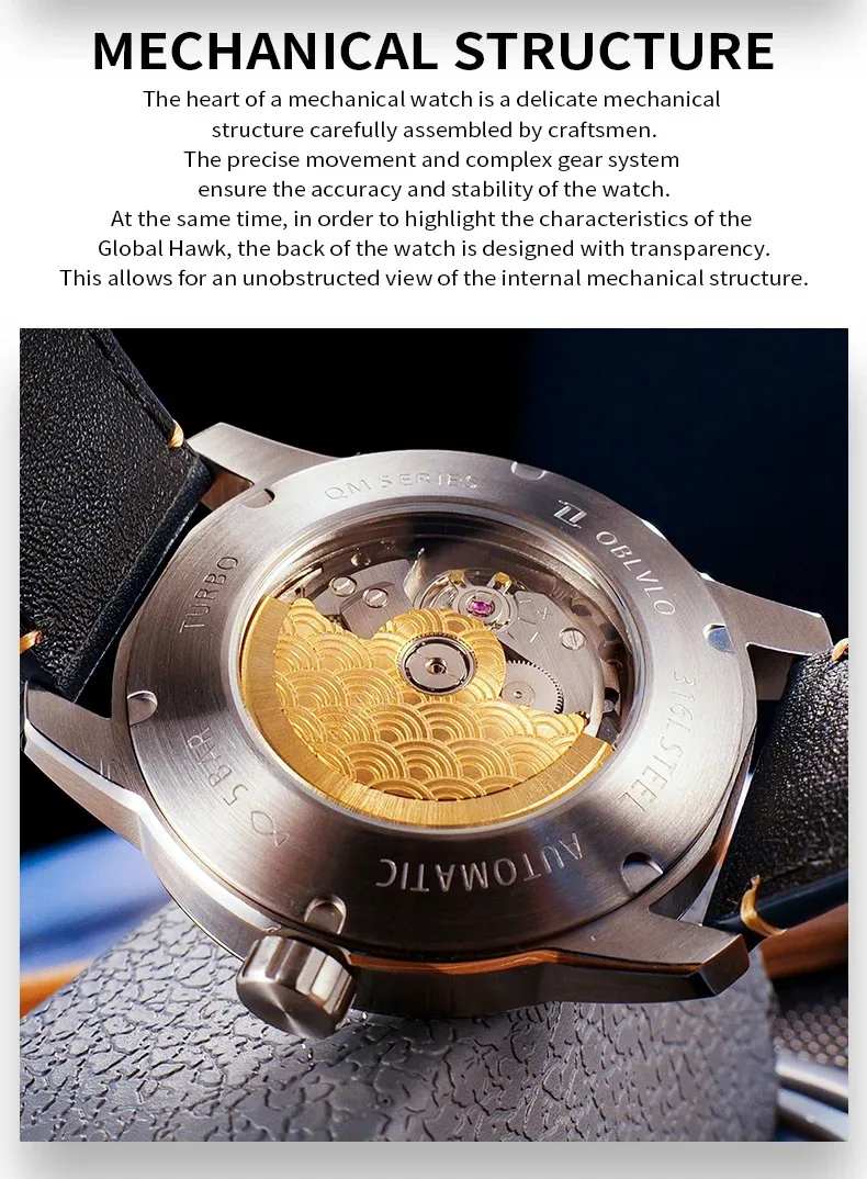 OBLVLO Men Automatic Watch 42MM New Design Mechanical Wristwatch Luminous Rotatable Small Dial 50m Waterproof Sapphire Mirro