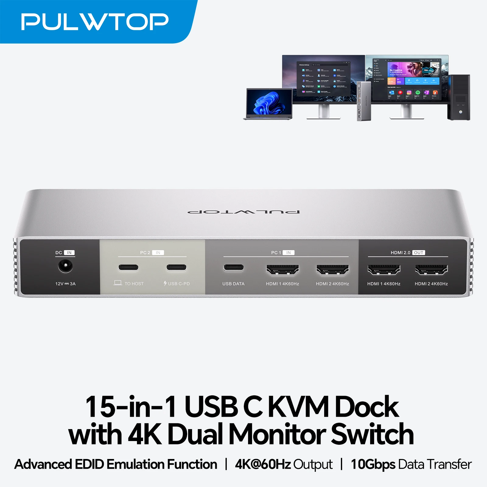 

Док-станция с KVM-переключателем PULWTOP, док-станция с KVM-переключателями 4K EDID с 2 HDMI, USB A/C 3,2 10 Гбит/с, зарядка 15 Вт, аудио