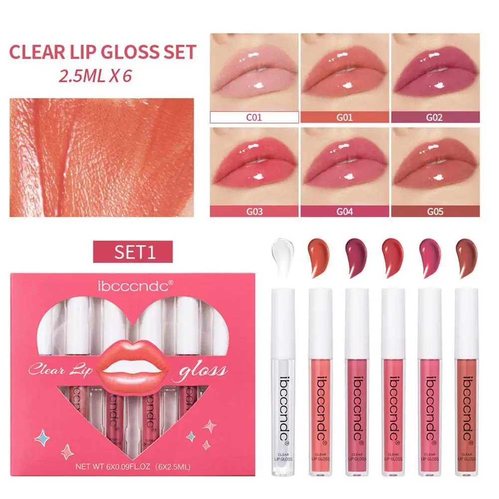 6 Stück klares Lipgloss-Set feuchtigkeit spendend plump ing feuchtigkeit spendender Lippen balsam hoch pigmentiertes, lang anhaltendes Make-up-Lipgloss-Geschenkset für Frauen